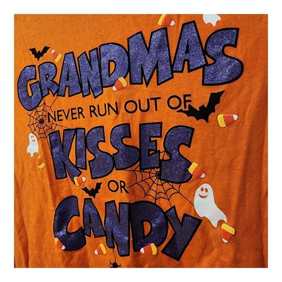 WOMENS 2XL ORANGE PURPLE GLITTER HALLOWEEN GRANDMA'S NEVER RUN OUT OF CANDY/KISS - Picture 4 of 6